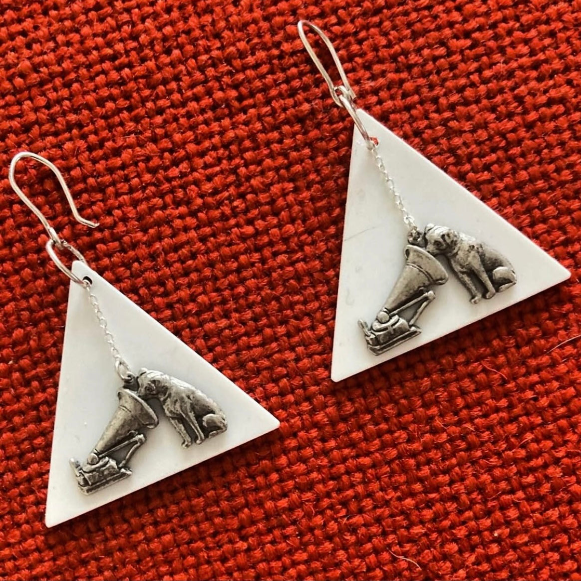 White Vinyl Record Dog Earrings