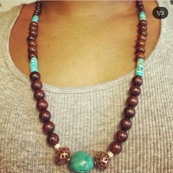 Handcrafted Turquoise Coconut Wood Necklace