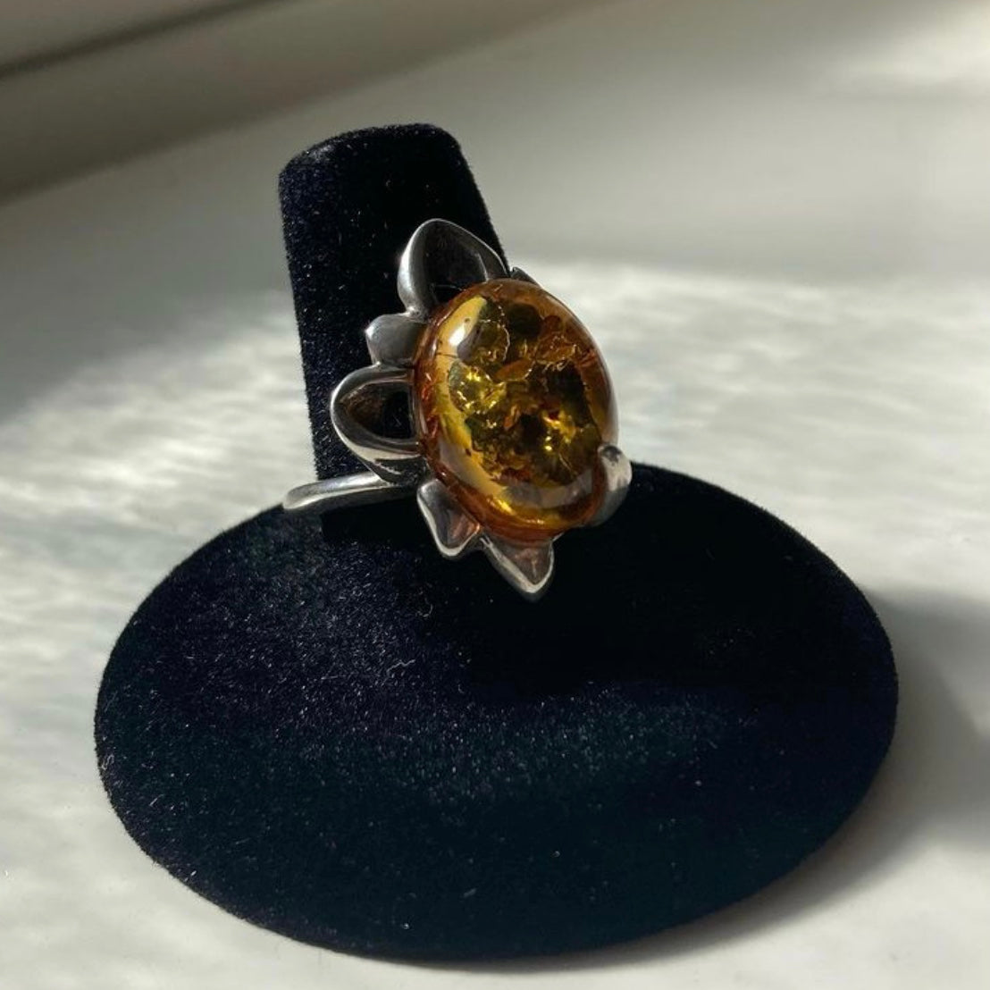 Vintage Honey Amber Sterling Silver Ring