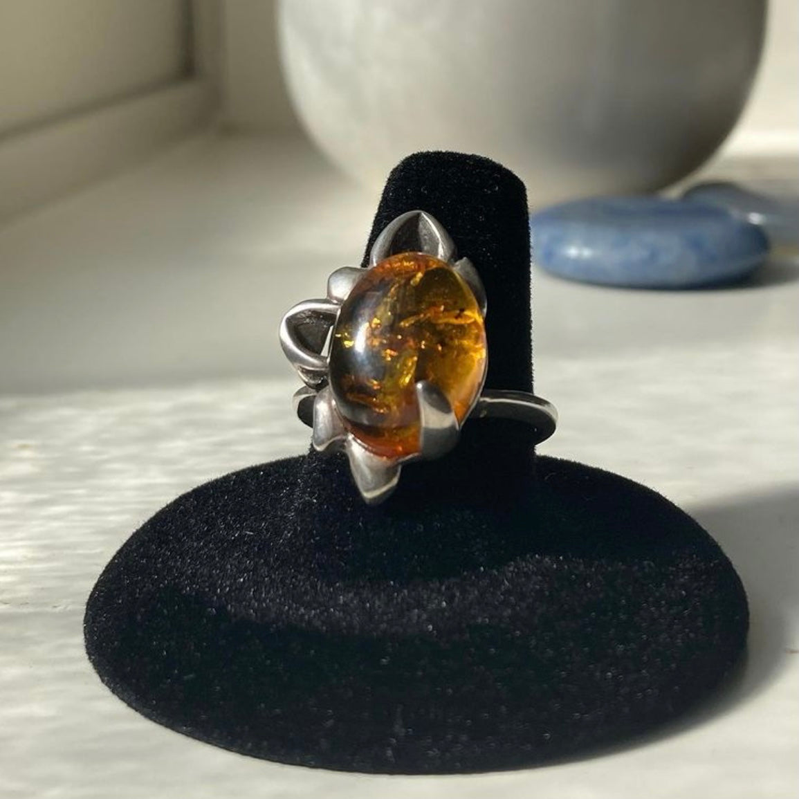 Vintage Honey Amber Sterling Silver Ring